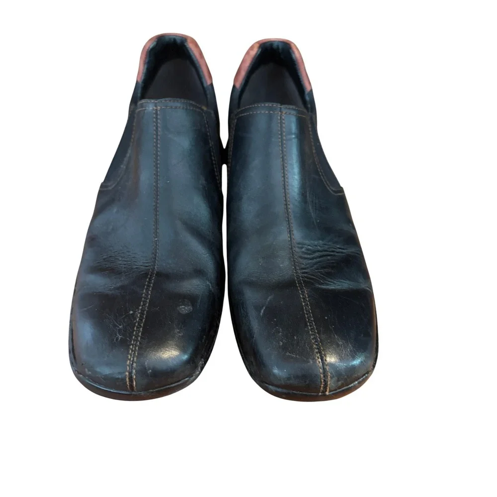 Cole Haan Mens Black Leather Slip On Loafers Bicycle Toe Brown Heel Accent